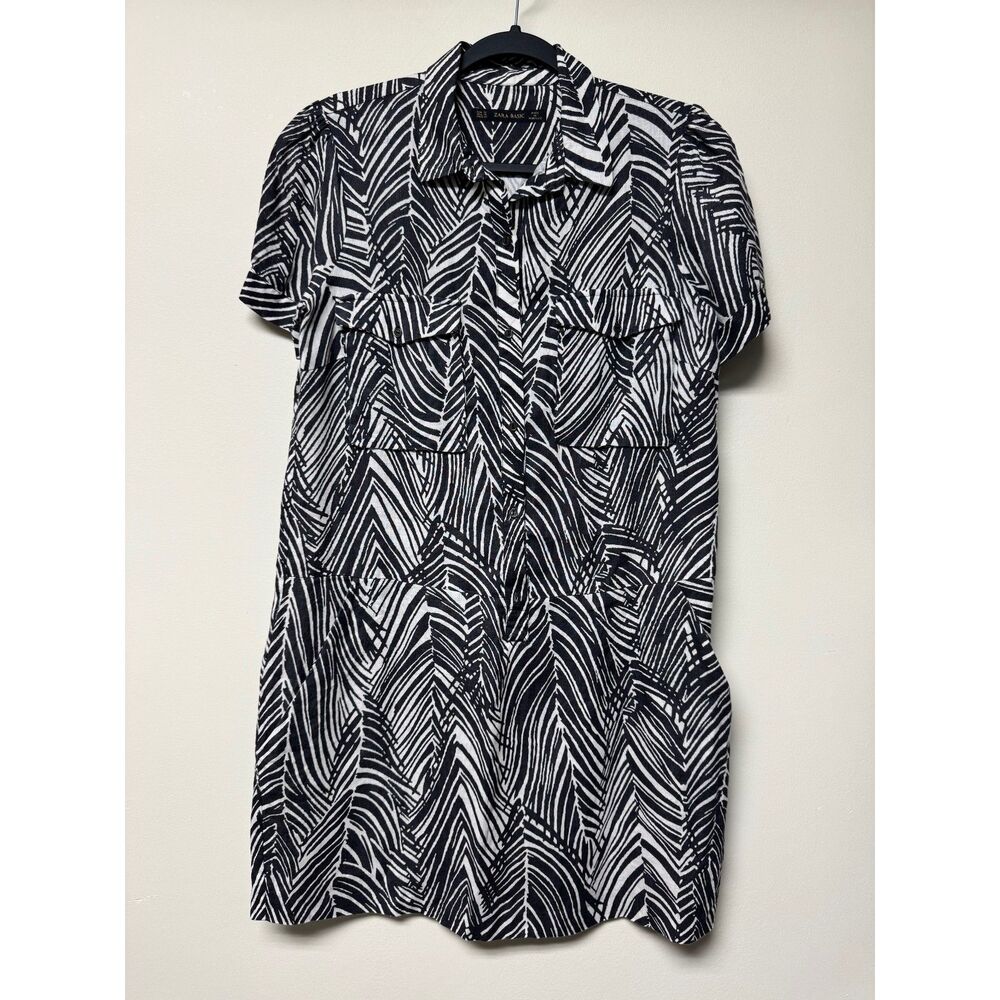 ZARA 100% Linen Zebra/Botanical Print Black/White Shirt Dress, Sz M